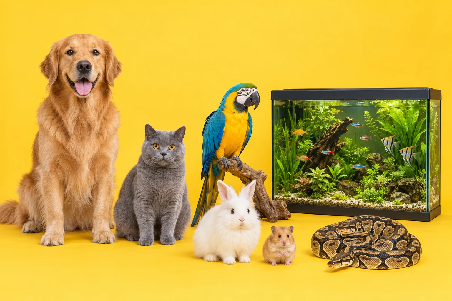 Qen, mace, papagall, lepur, hamster, gjarpërinj dhe akuarium